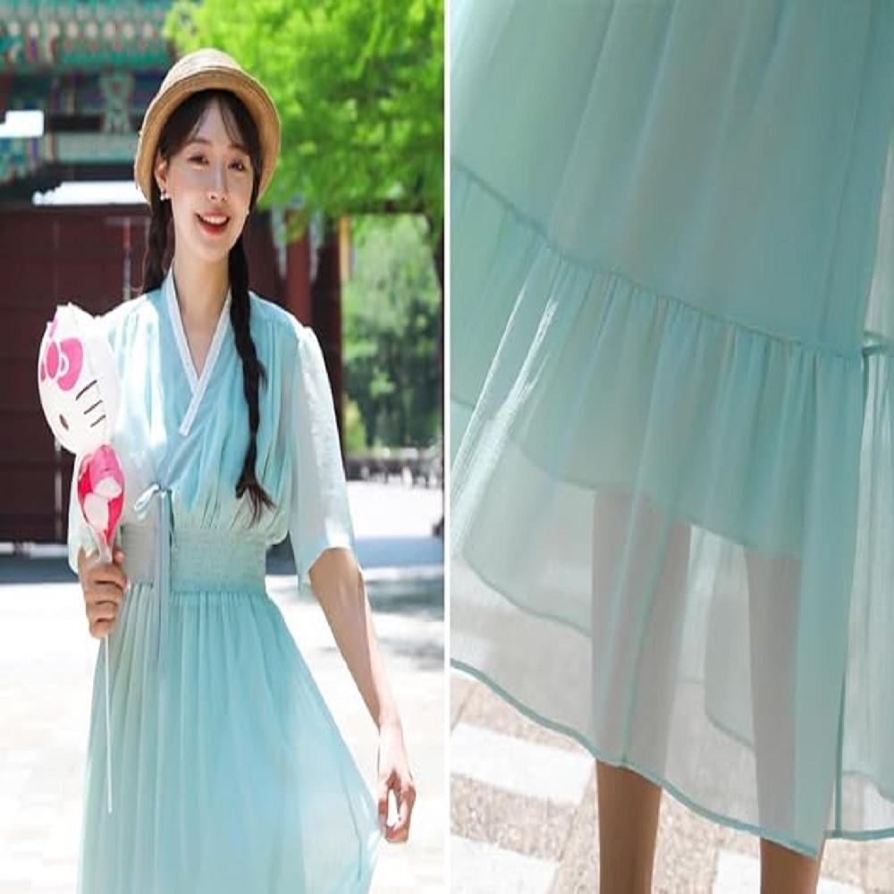 LEESLE Ylang Summer Chiffon Short Sleeves Women Hanbok Long Dress